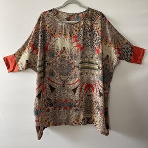 Snow White Tunic Top Multicolor Tribal Inspired Feather Motif Women Est. Size OS
